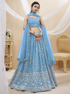 Jyoti Fashion Women's Sky Blue Georgette Sequins Zari Embroidered Lehenga Choli & Dupatta