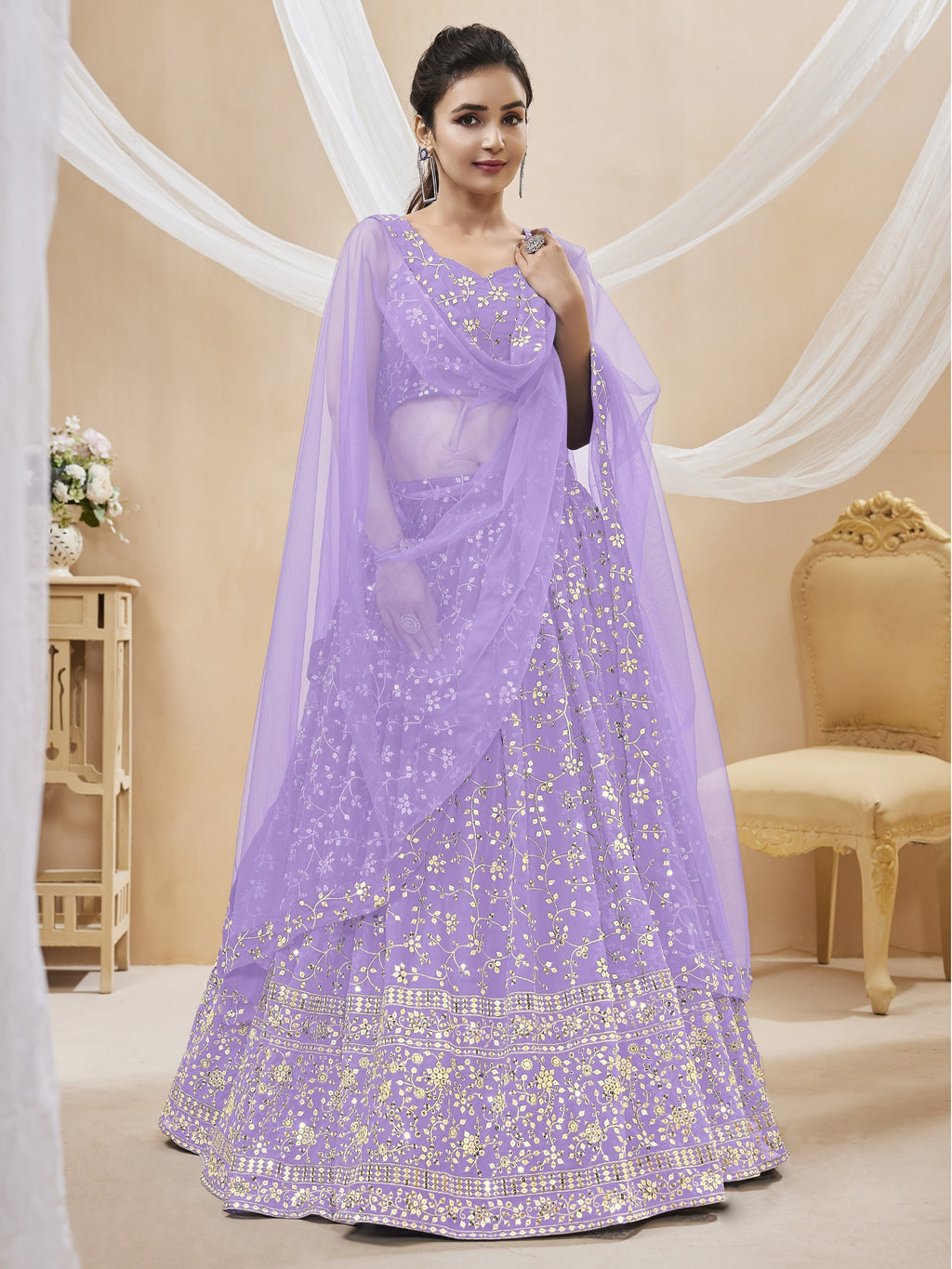 Jyoti Fashion Women's Lavender Georgette Sequins Zari Embroidered Lehenga Choli & Dupatta