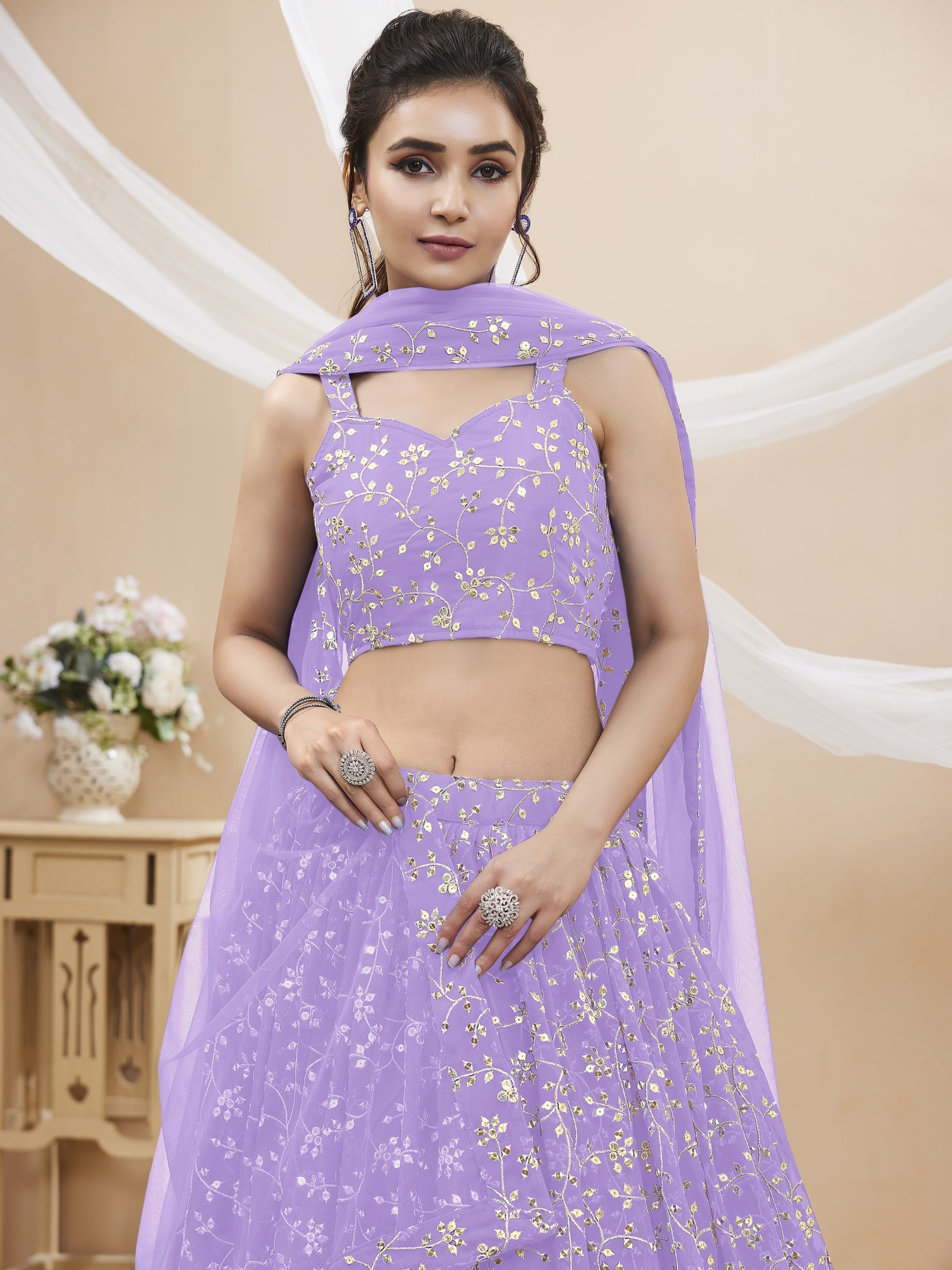 Jyoti Fashion Women's Lavender Georgette Sequins Zari Embroidered Lehenga Choli & Dupatta