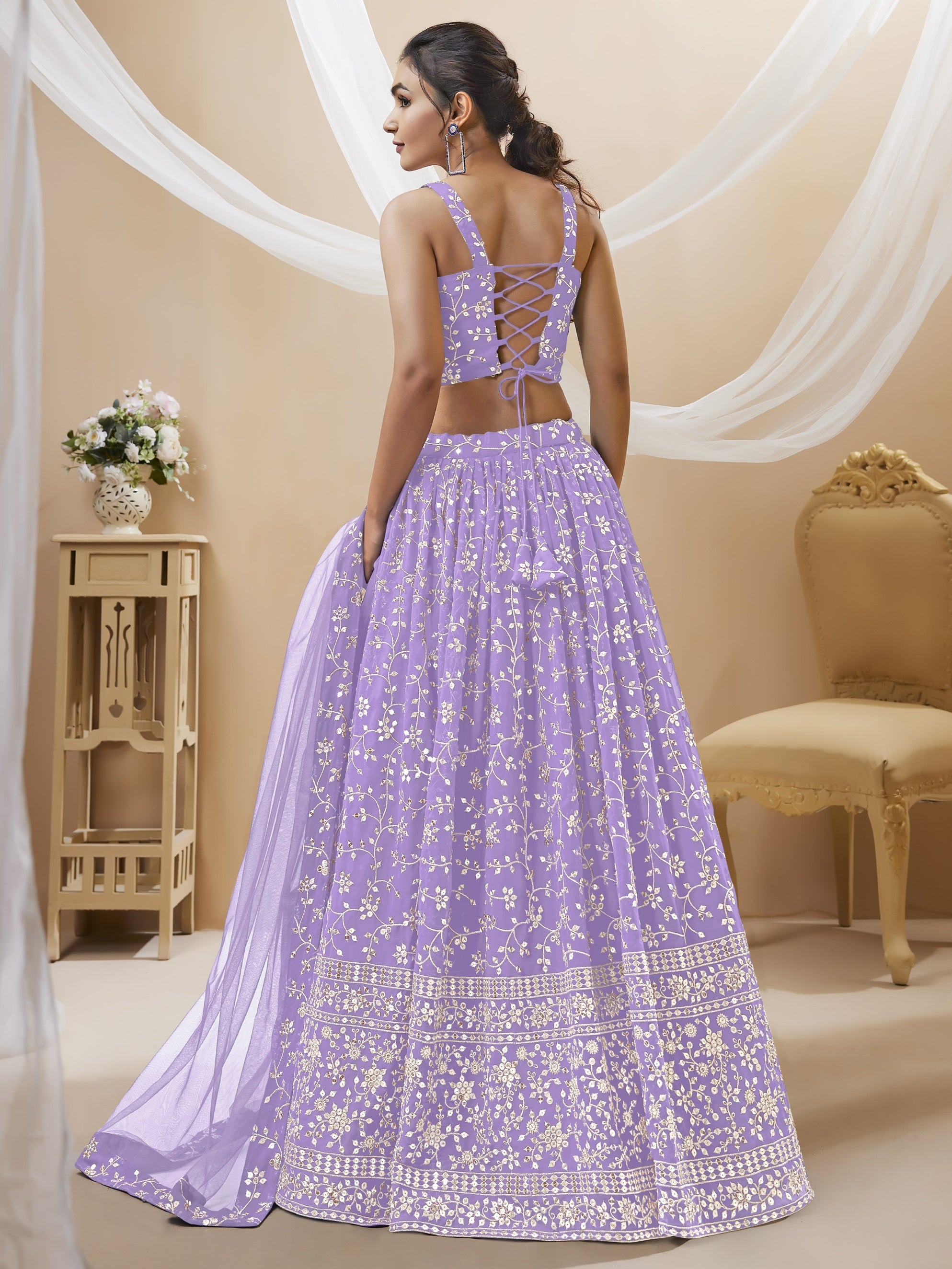 Jyoti Fashion Women's Lavender Georgette Sequins Zari Embroidered Lehenga Choli & Dupatta