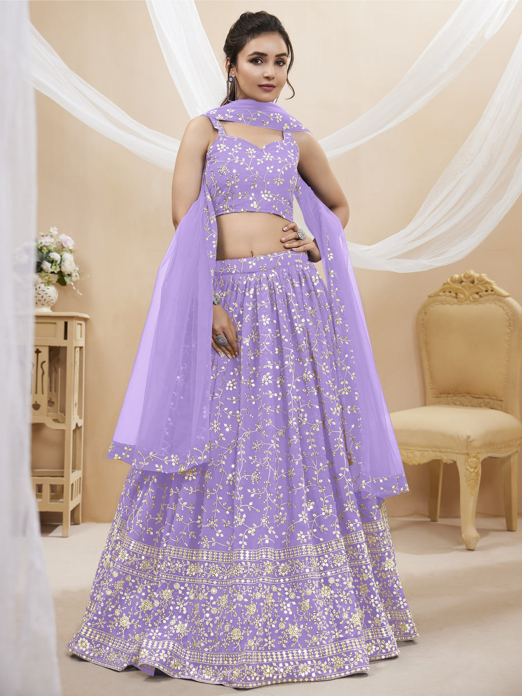 Jyoti Fashion Women's Lavender Georgette Sequins Zari Embroidered Lehenga Choli & Dupatta