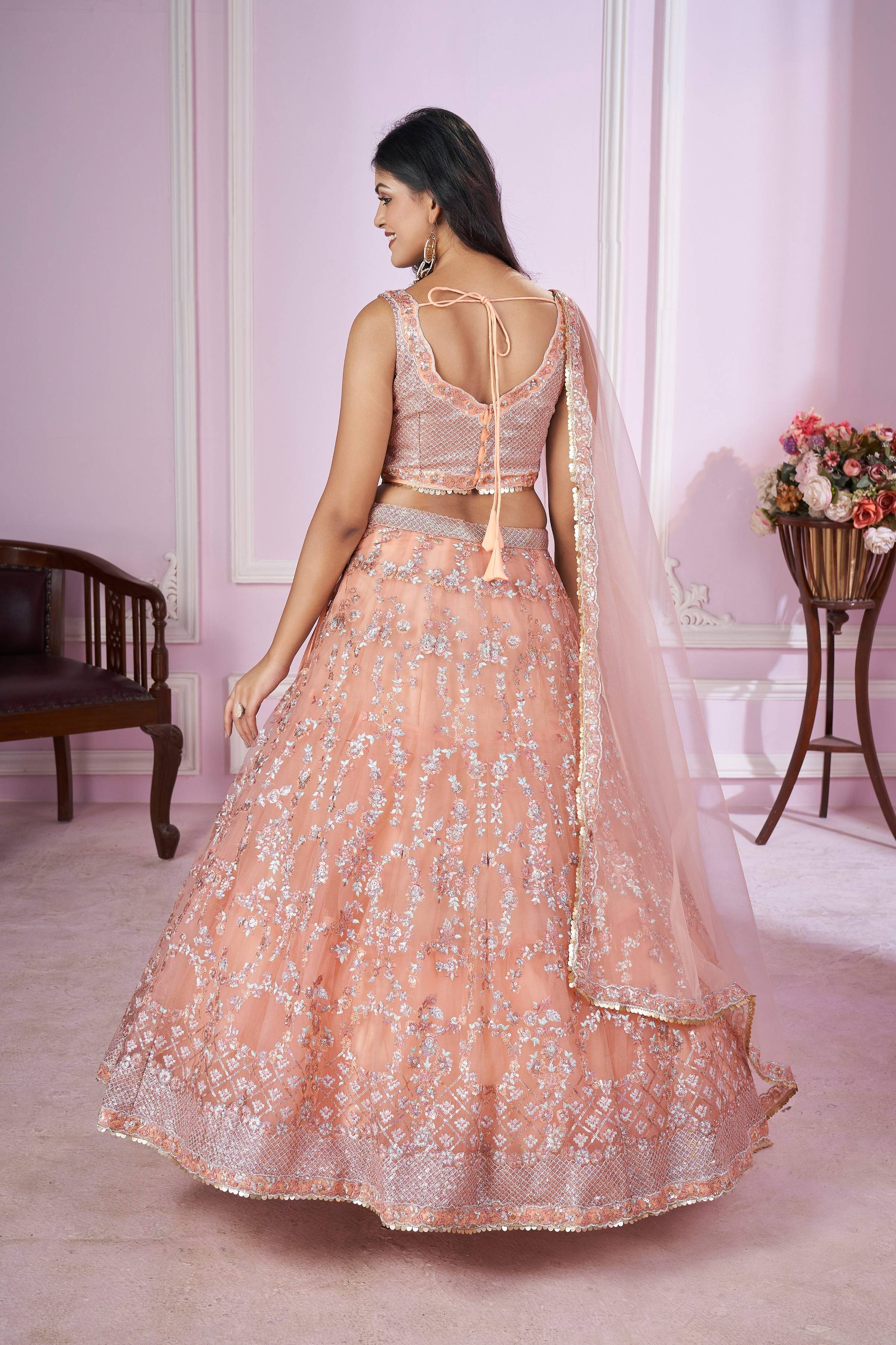 Jyoti Fashion Women's Baby Pink Soft Net Sequins Thread Embroidered Lehenga Choli & Dupatta