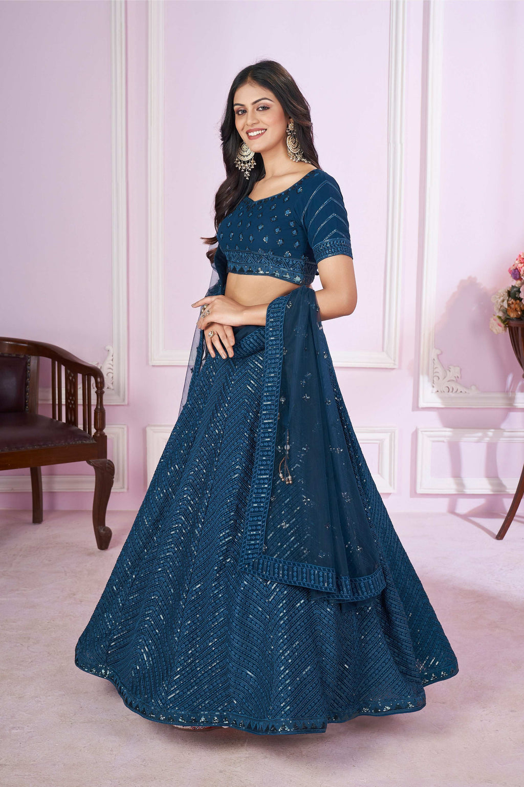 Jyoti Fashion Women's Teal Georgette Sequins Thread Embroidered Lehenga Choli & Dupatta