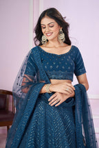Jyoti Fashion Women's Teal Georgette Sequins Thread Embroidered Lehenga Choli & Dupatta