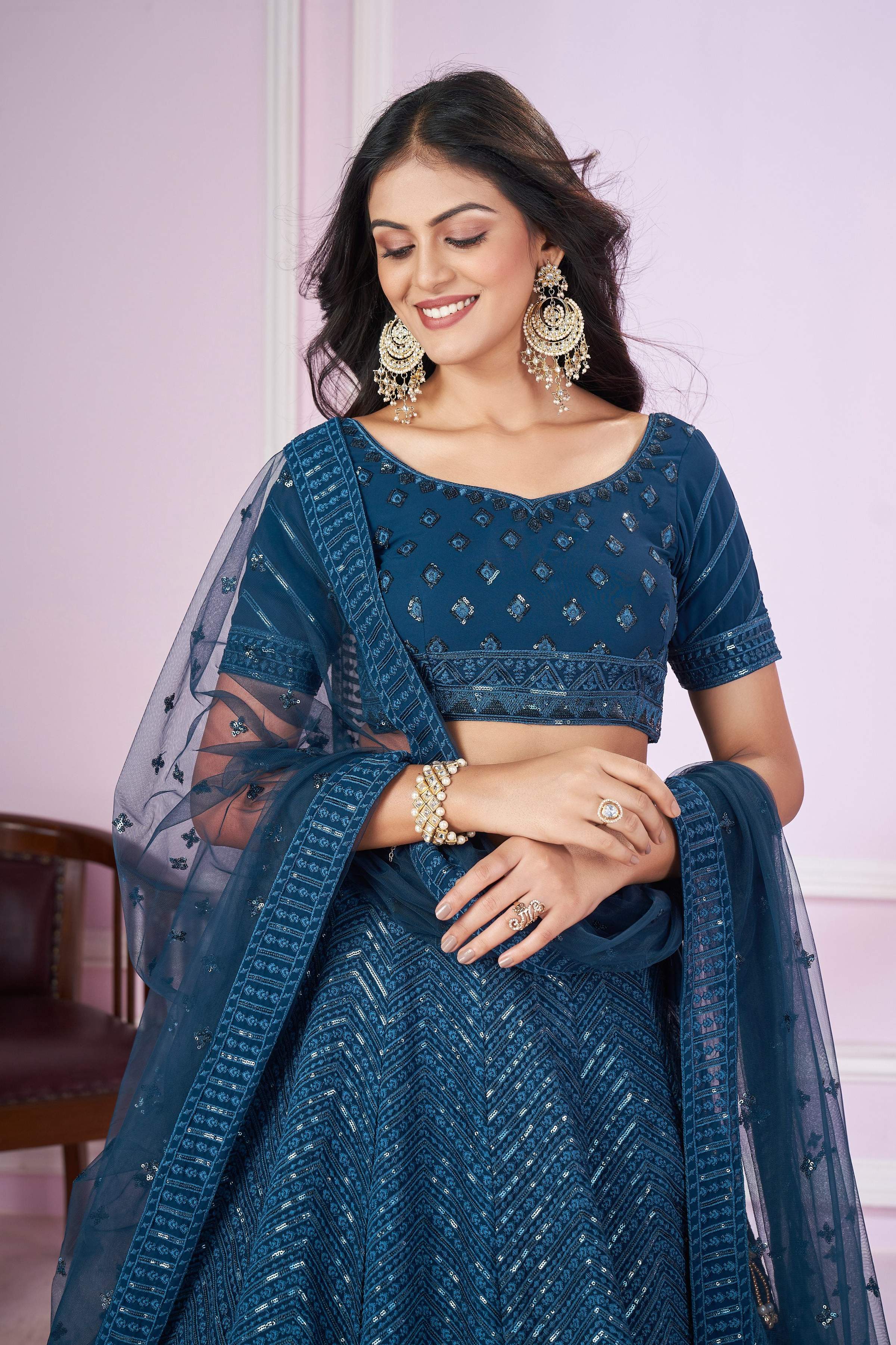 Jyoti Fashion Women's Teal Georgette Sequins Thread Embroidered Lehenga Choli & Dupatta