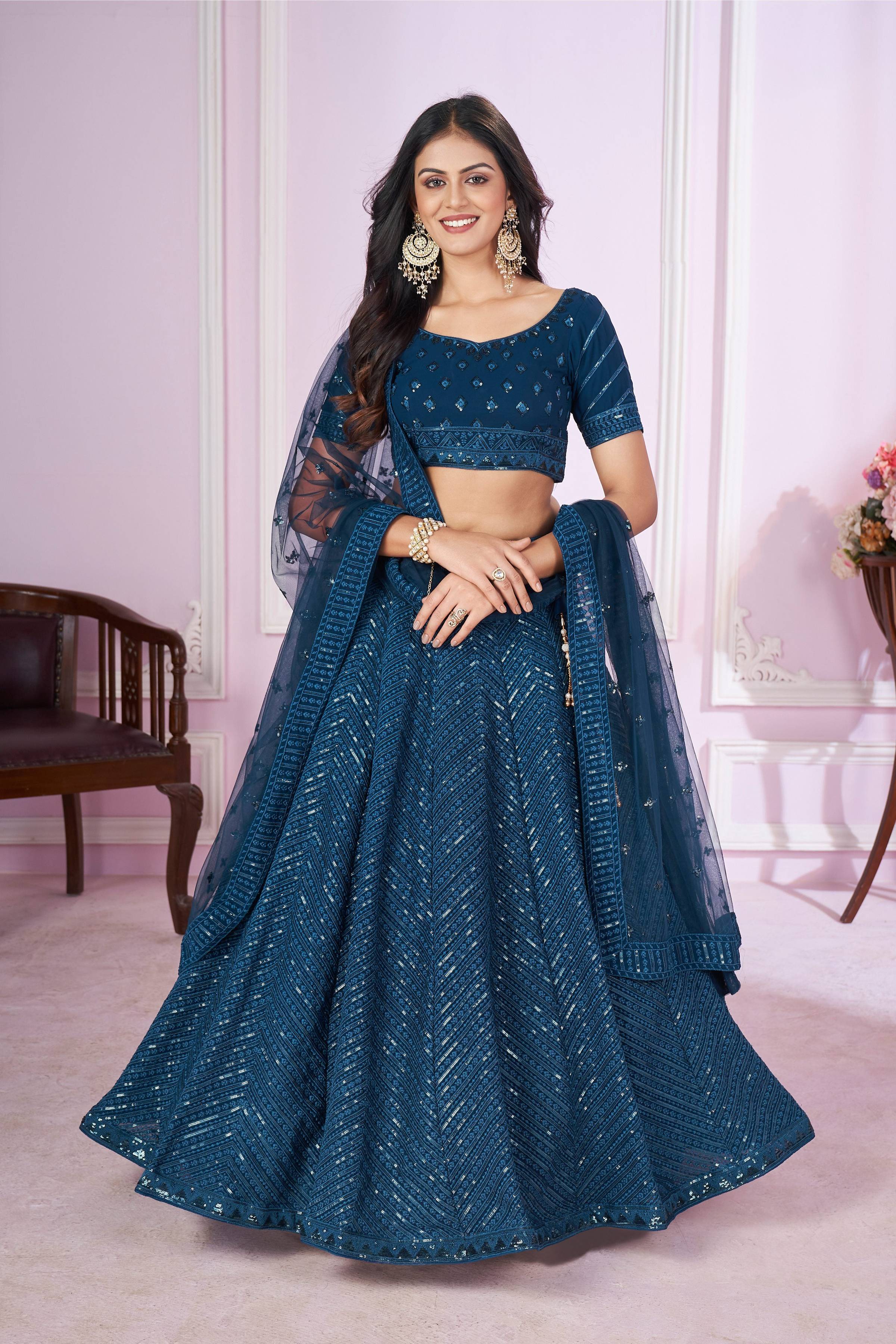 Jyoti Fashion Women's Teal Georgette Sequins Thread Embroidered Lehenga Choli & Dupatta