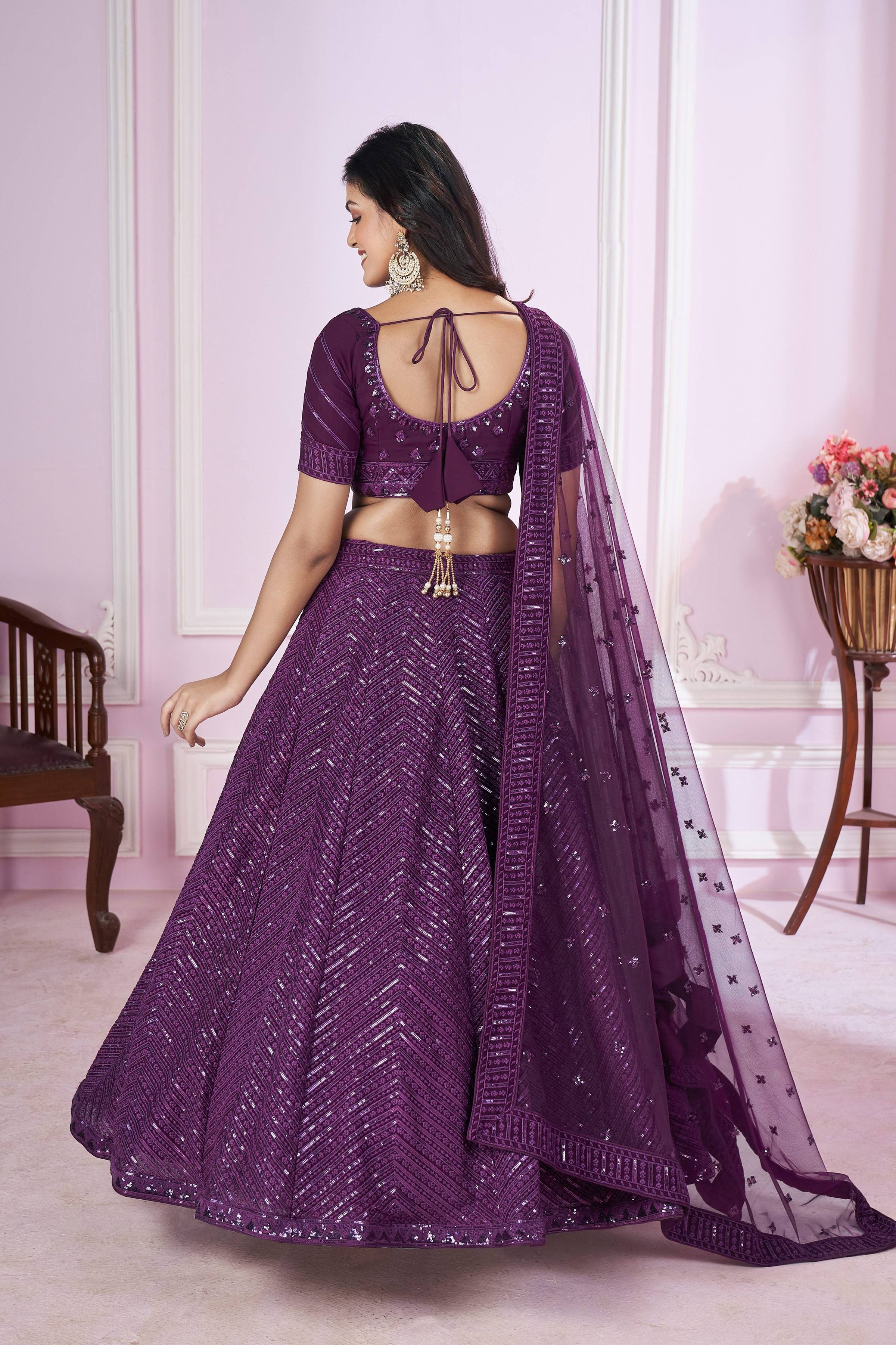 Jyoti Fashion Women's Purple Georgette Sequins Thread Embroidered Lehenga Choli & Dupatta