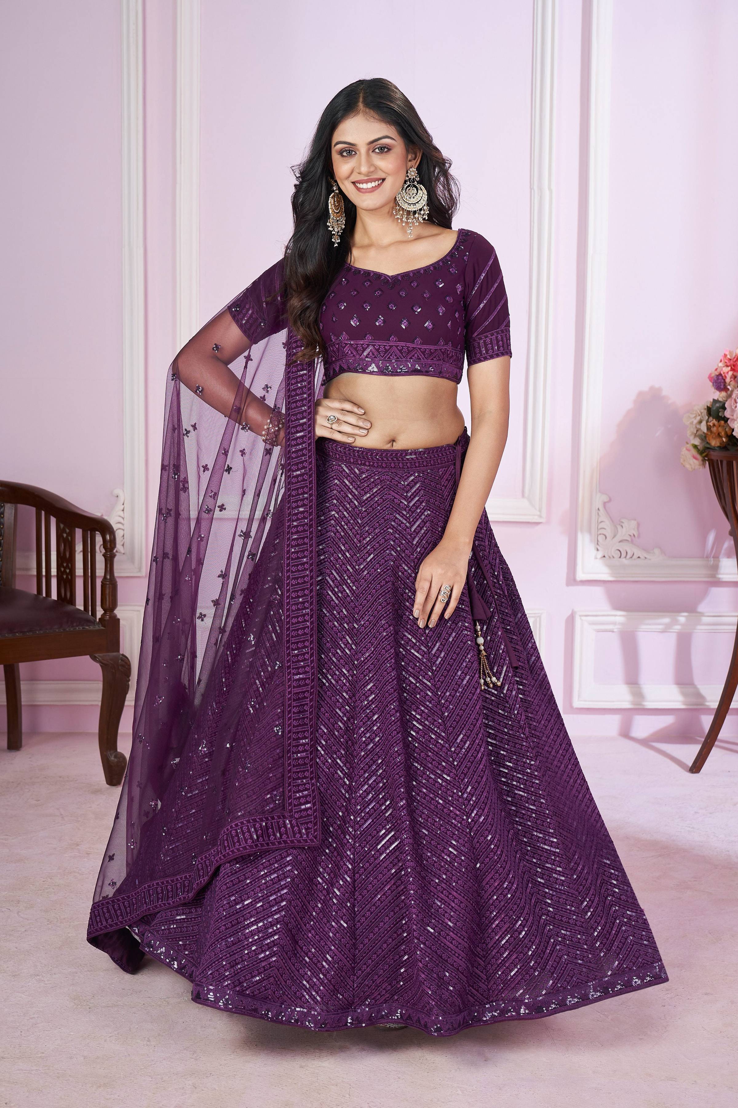 Jyoti Fashion Women's Purple Georgette Sequins Thread Embroidered Lehenga Choli & Dupatta
