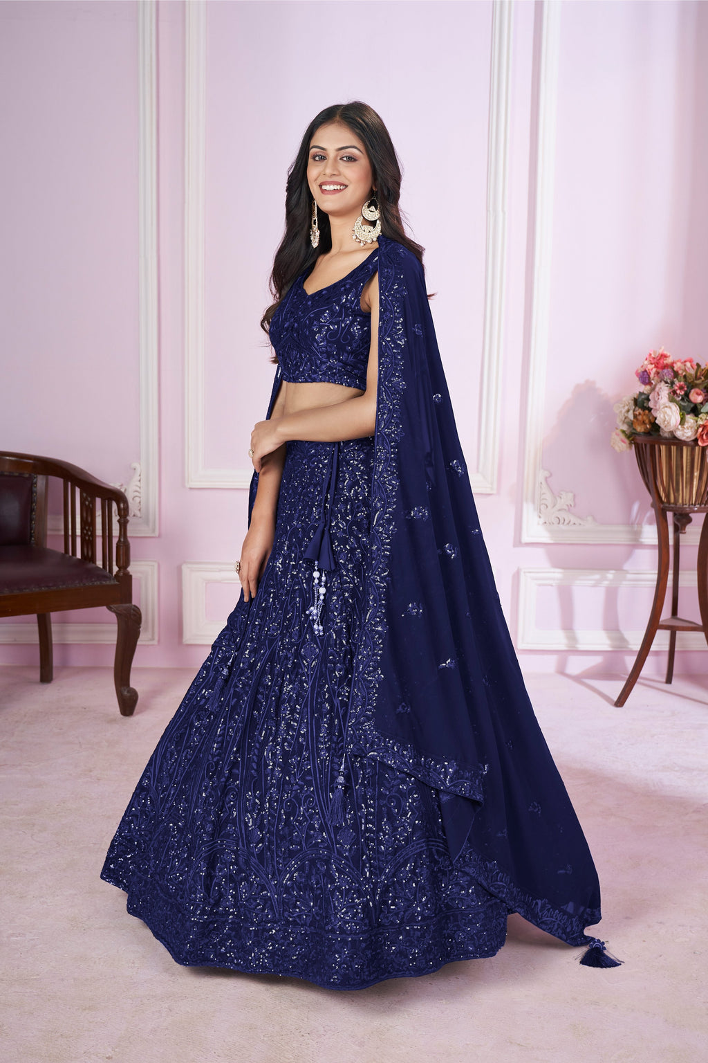 Jyoti Fashion Women's Navy Blue Georgette Sequins Thread Embroidered Lehenga Choli & Dupatta