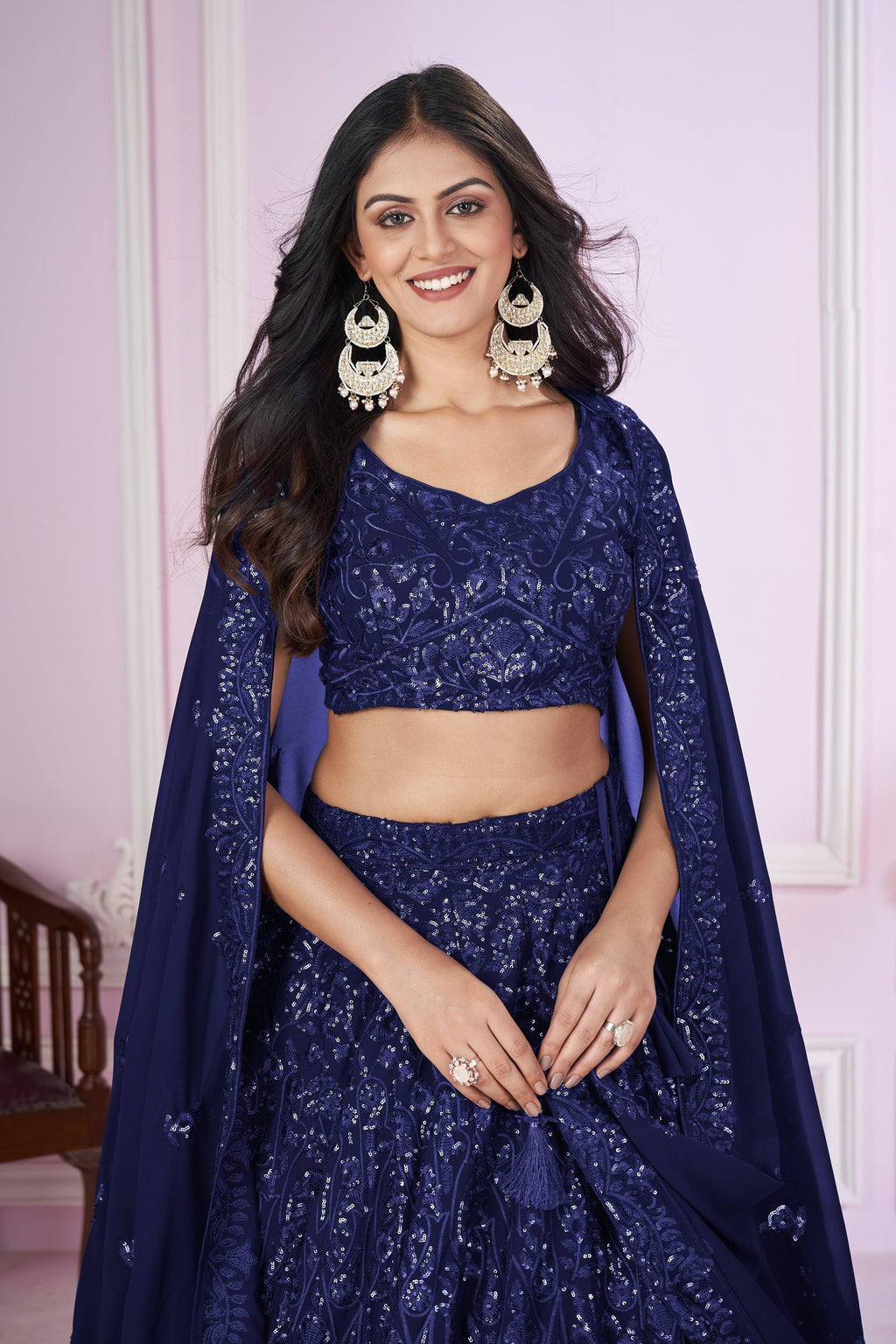 Jyoti Fashion Women's Navy Blue Georgette Sequins Thread Embroidered Lehenga Choli & Dupatta