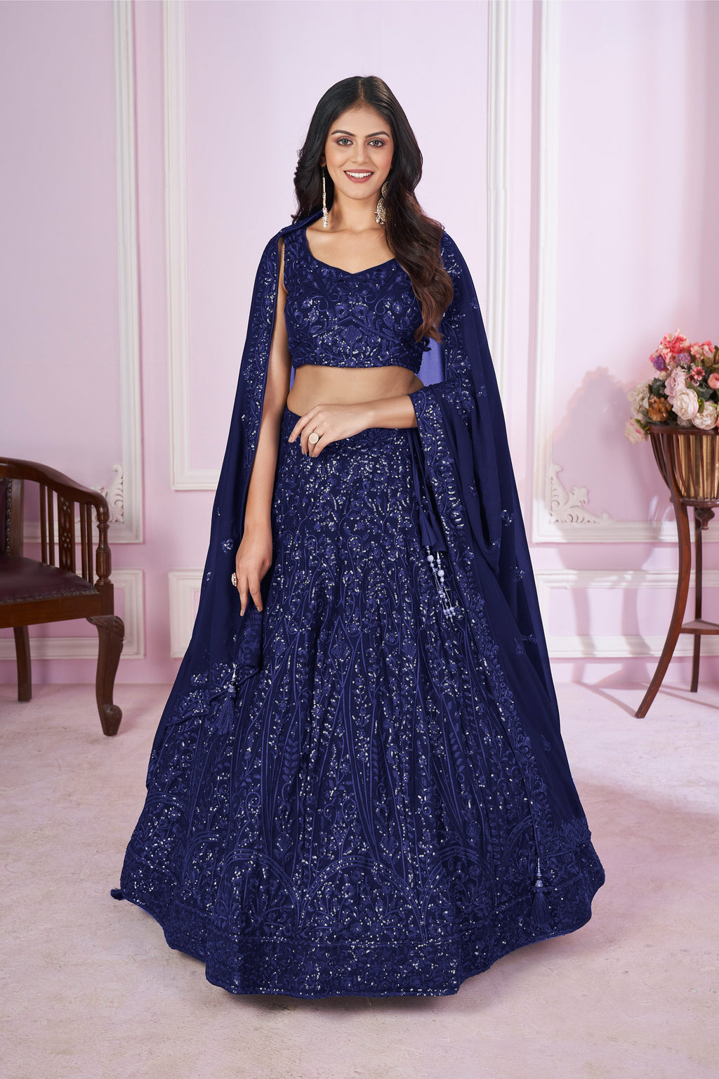 Jyoti Fashion Women's Navy Blue Georgette Sequins Thread Embroidered Lehenga Choli & Dupatta