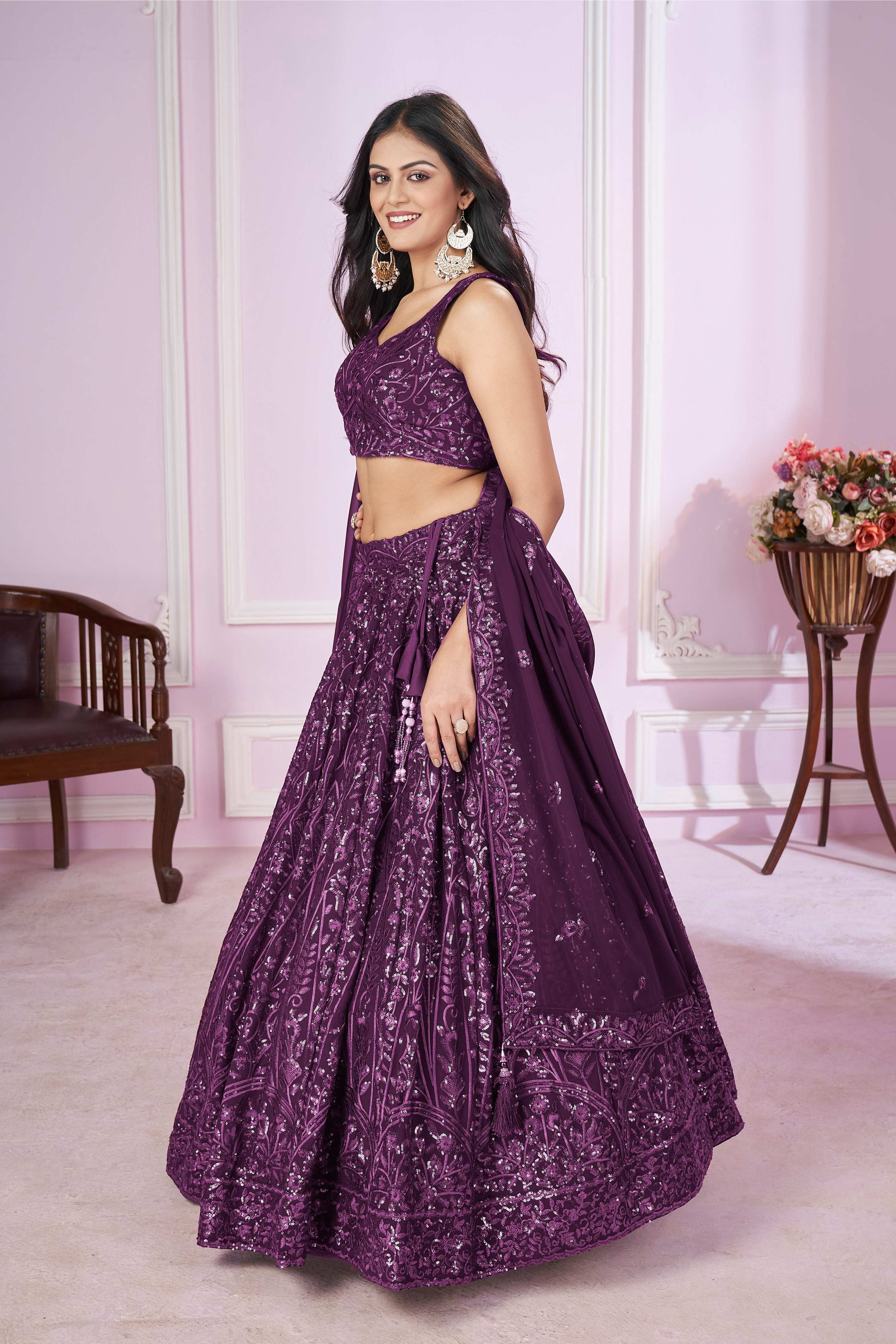 Jyoti Fashion Women's Purple Georgette Sequins Thread Embroidered Lehenga Choli & Dupatta