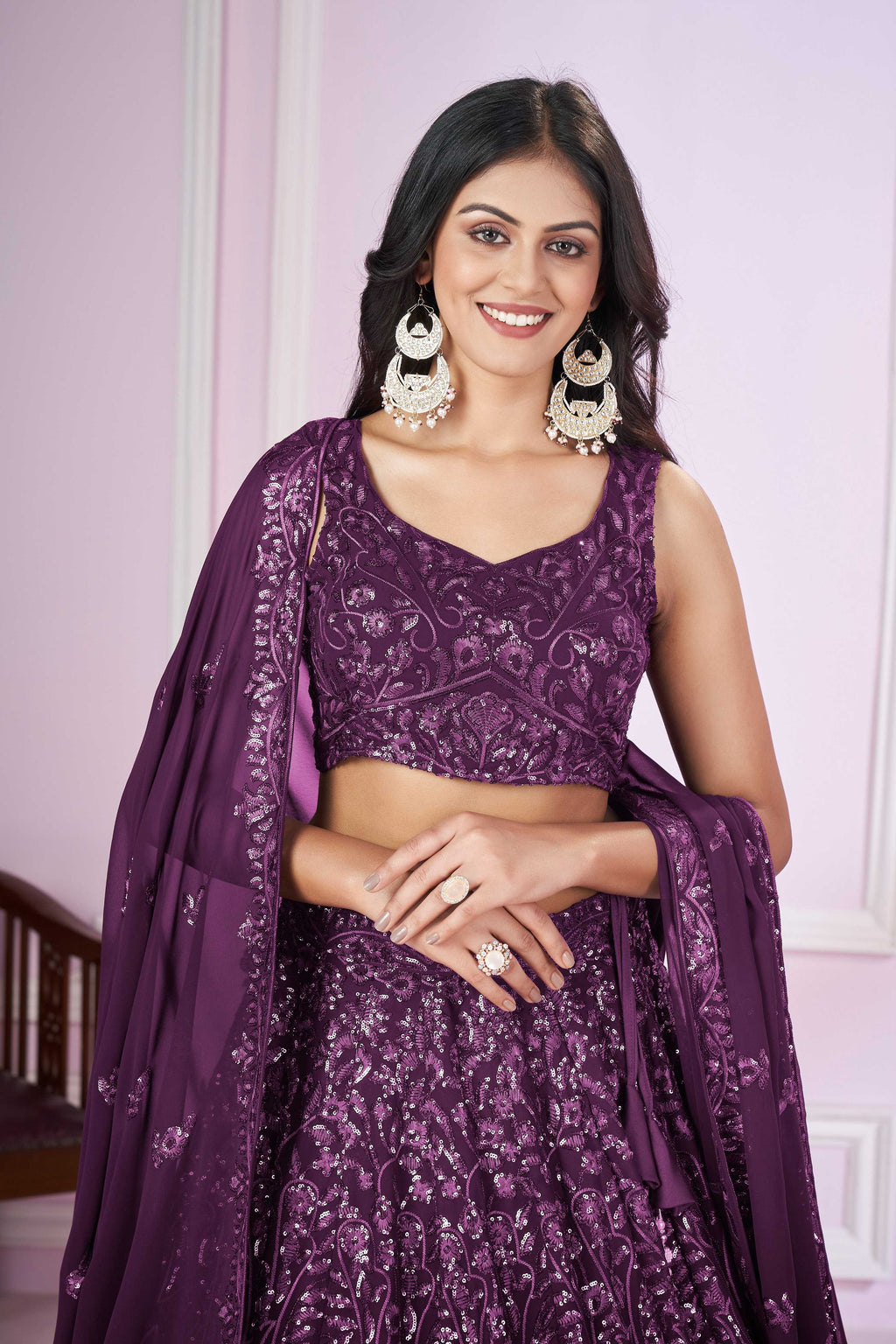 Jyoti Fashion Women's Purple Georgette Sequins Thread Embroidered Lehenga Choli & Dupatta