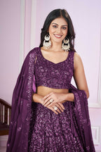 Jyoti Fashion Women's Purple Georgette Sequins Thread Embroidered Lehenga Choli & Dupatta