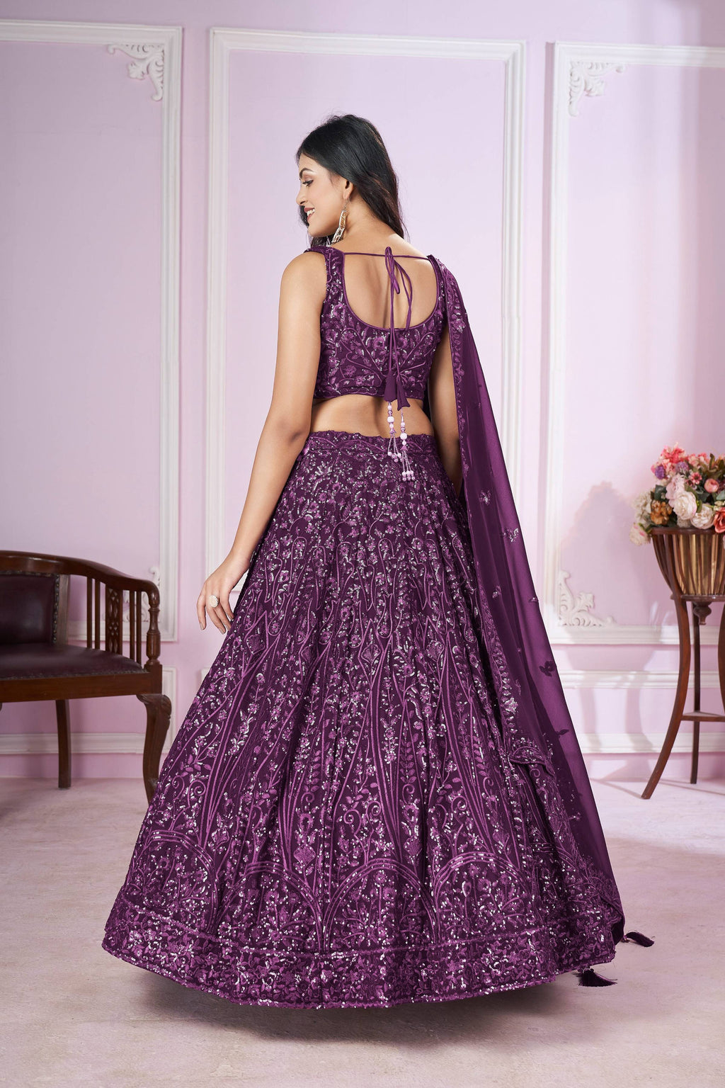 Jyoti Fashion Women's Purple Georgette Sequins Thread Embroidered Lehenga Choli & Dupatta
