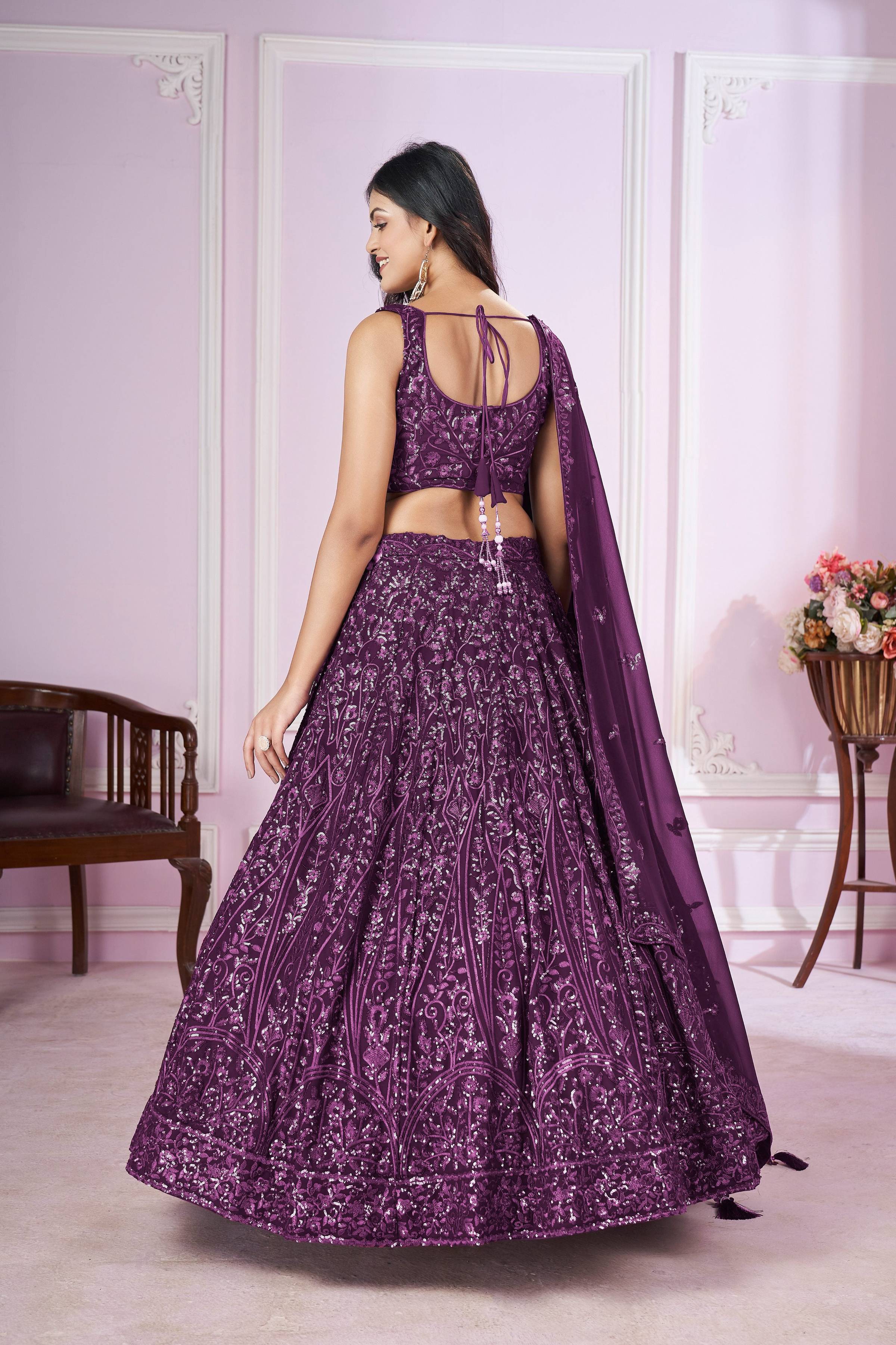 Jyoti Fashion Women's Purple Georgette Sequins Thread Embroidered Lehenga Choli & Dupatta