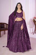 Jyoti Fashion Women's Purple Georgette Sequins Thread Embroidered Lehenga Choli & Dupatta