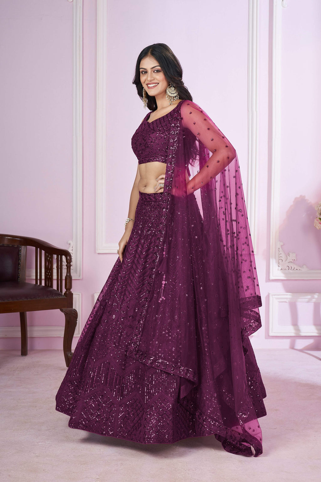 Jyoti Fashion Women's Wine Soft Net Sequins Thread Embroidered Lehenga Choli & Dupatta