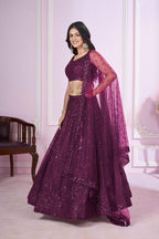 Jyoti Fashion Women's Wine Soft Net Sequins Thread Embroidered Lehenga Choli & Dupatta