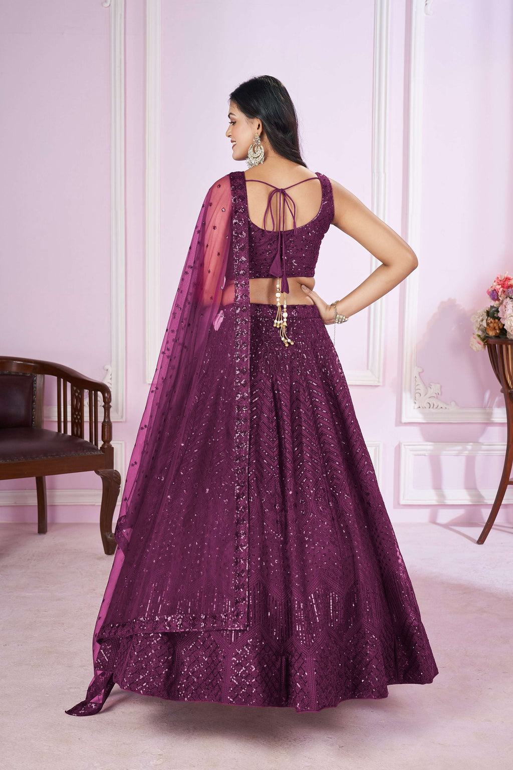 Jyoti Fashion Women's Wine Soft Net Sequins Thread Embroidered Lehenga Choli & Dupatta