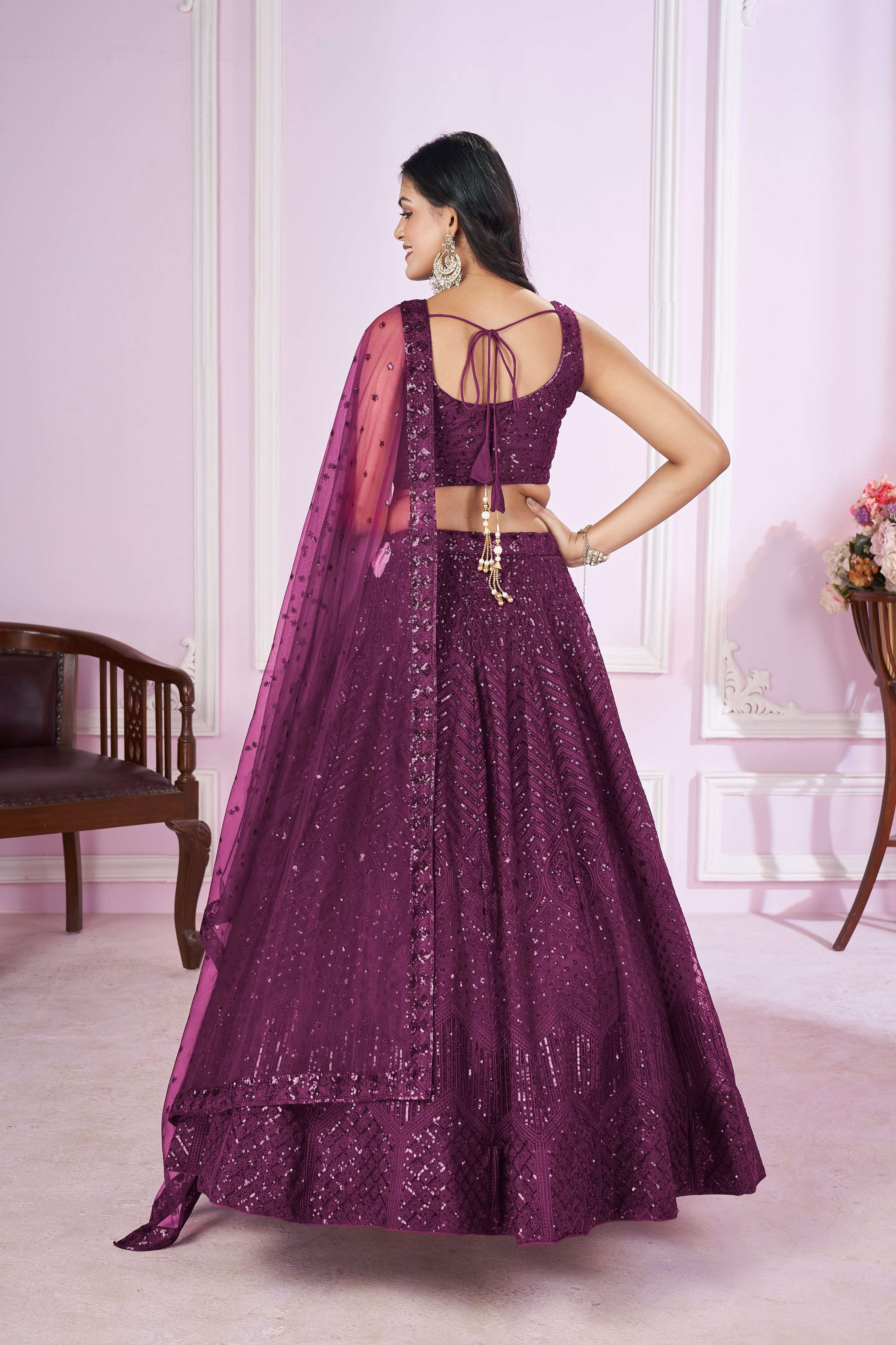 Jyoti Fashion Women's Wine Soft Net Sequins Thread Embroidered Lehenga Choli & Dupatta