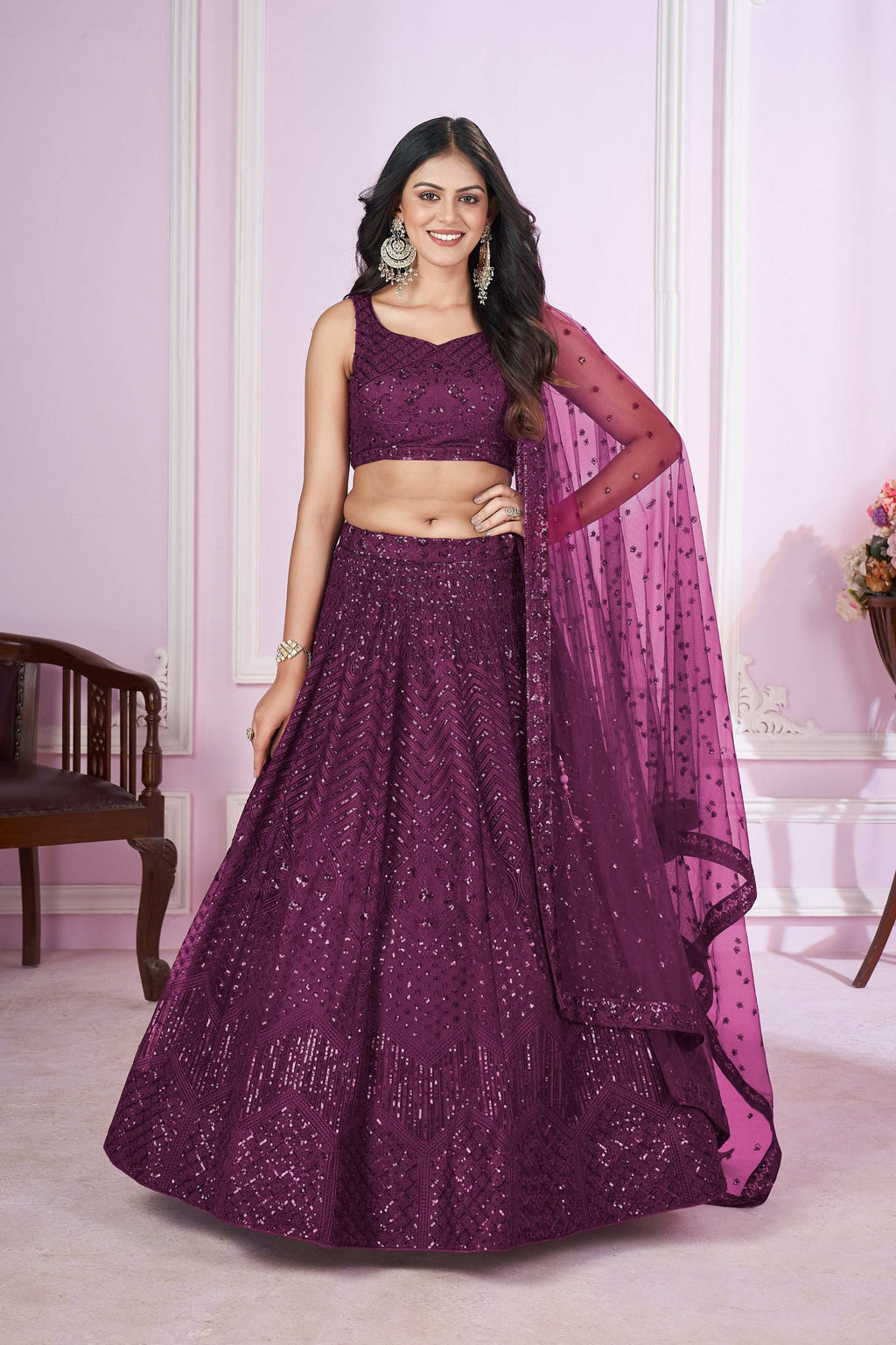 Jyoti Fashion Women's Wine Soft Net Sequins Thread Embroidered Lehenga Choli & Dupatta