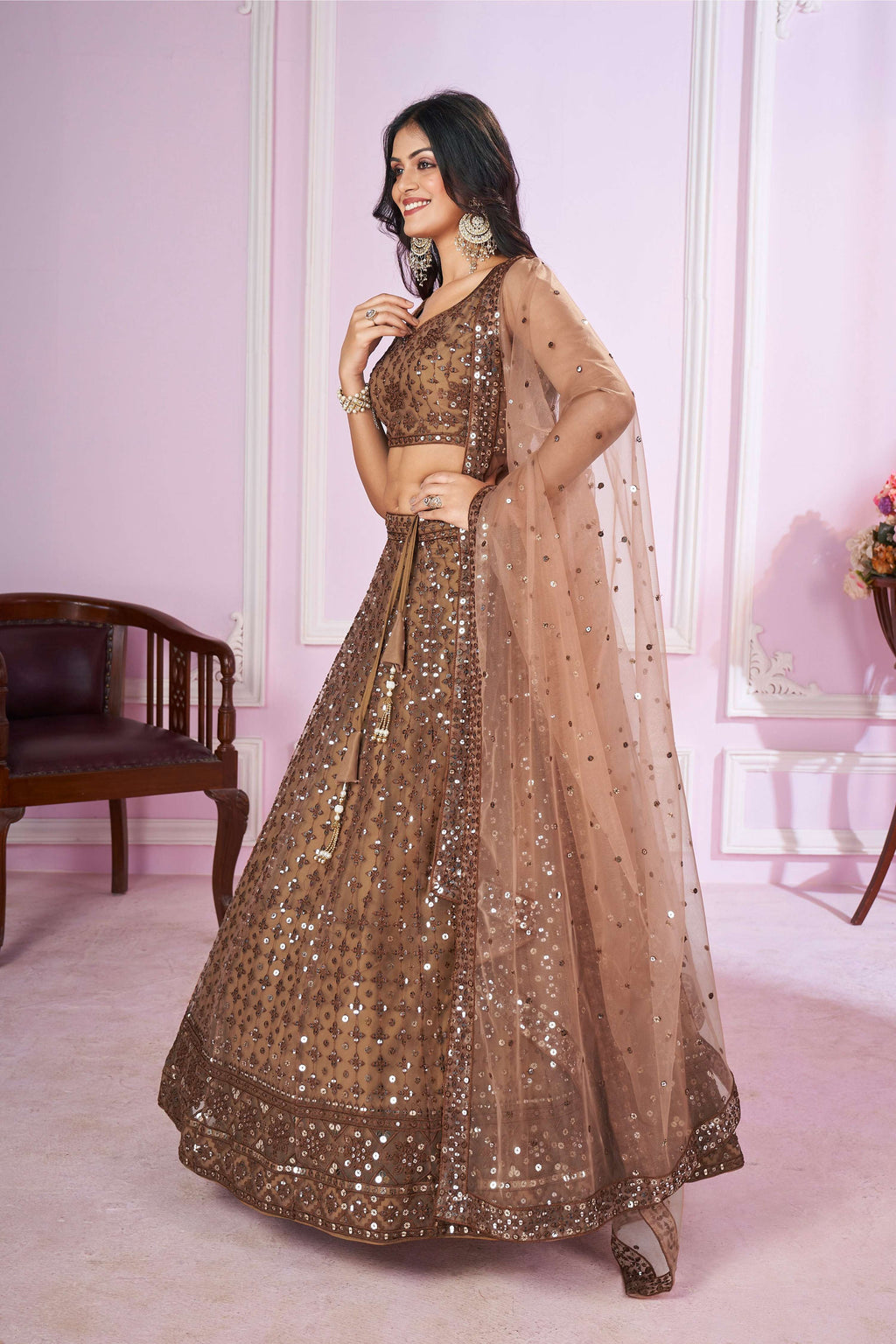 Jyoti Fashion Women's Brown Soft Net Sequins Thread Embroidered Lehenga Choli & Dupatta