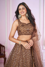 Jyoti Fashion Women's Brown Soft Net Sequins Thread Embroidered Lehenga Choli & Dupatta