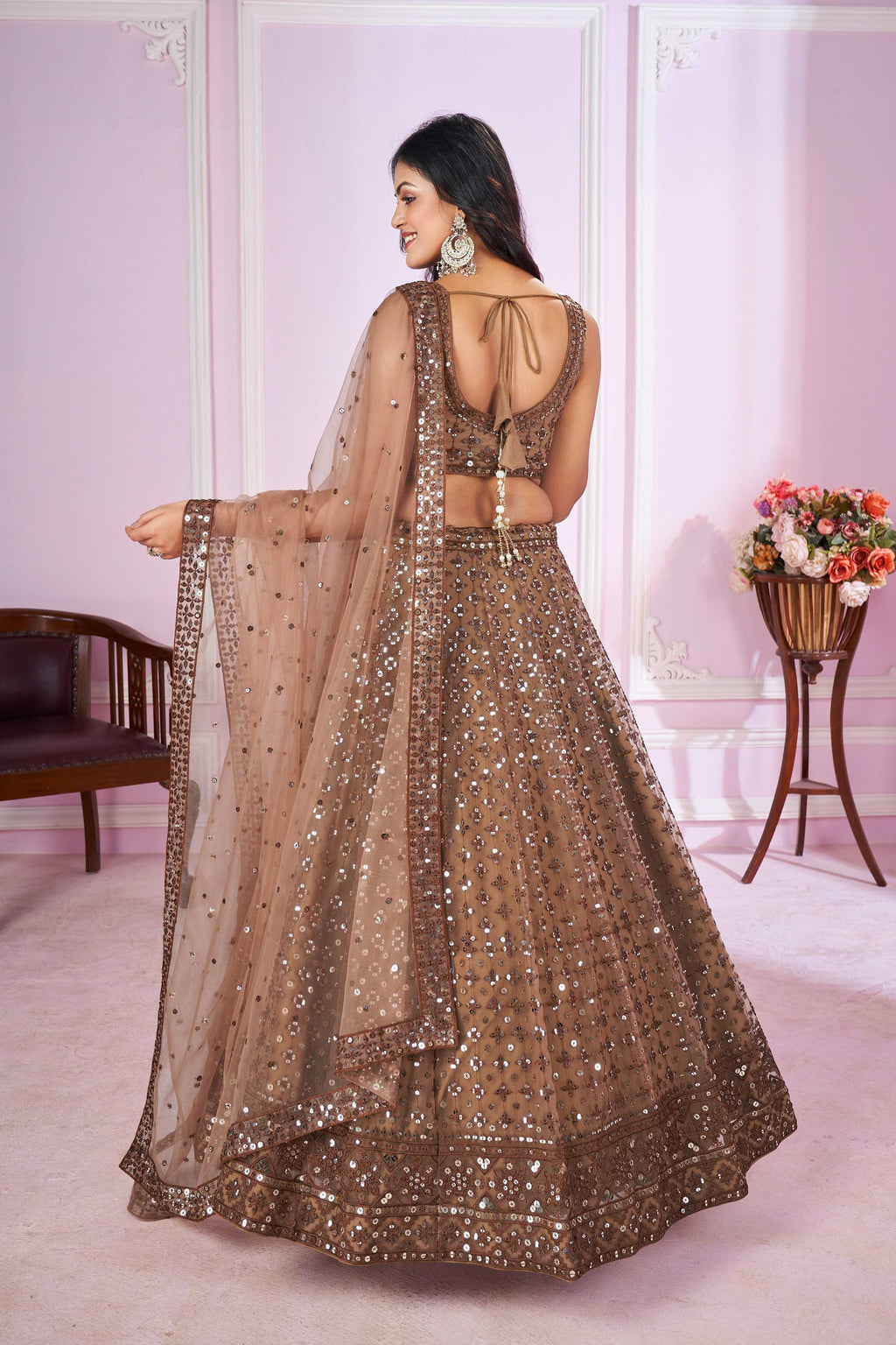 Jyoti Fashion Women's Brown Soft Net Sequins Thread Embroidered Lehenga Choli & Dupatta