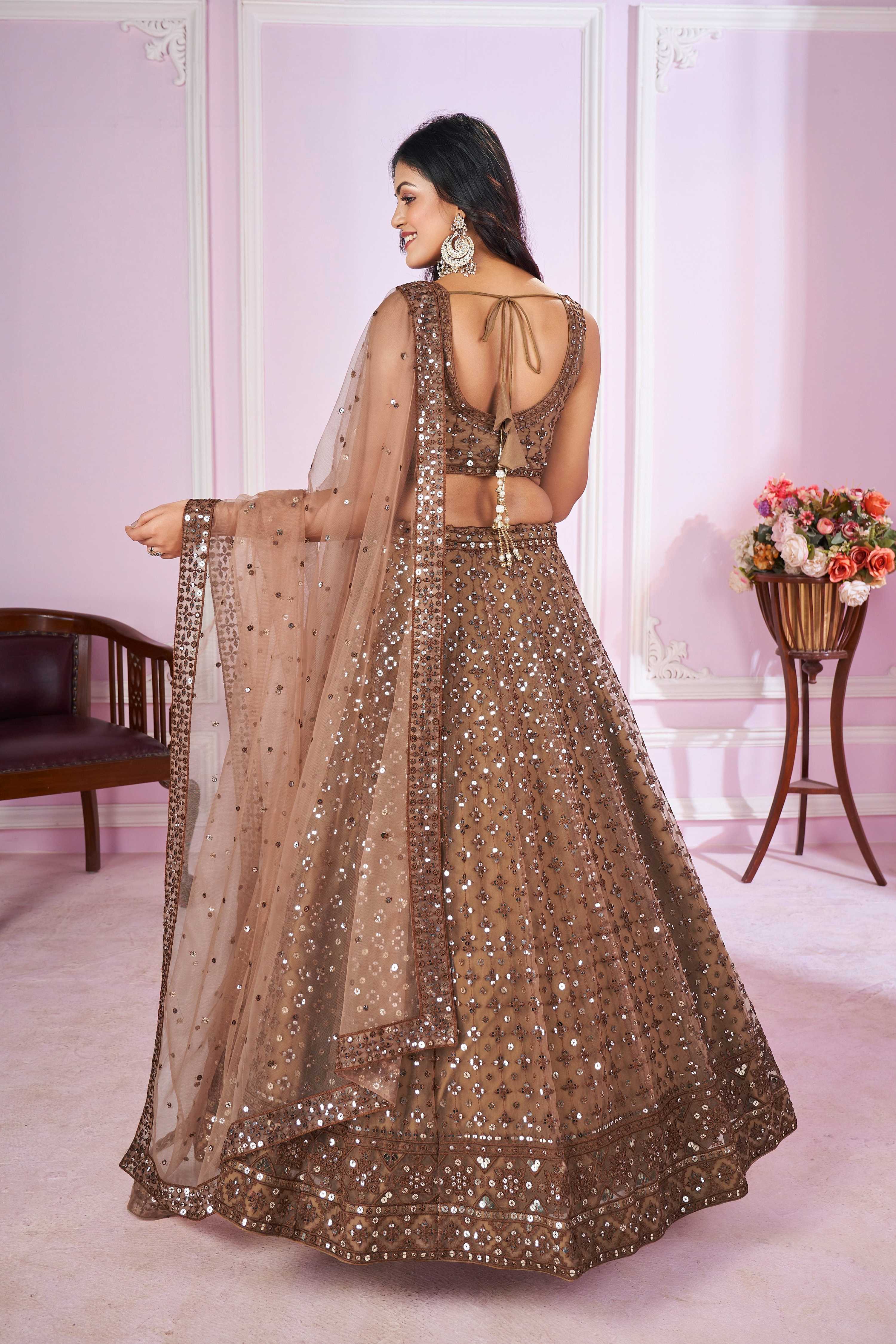 Jyoti Fashion Women's Brown Soft Net Sequins Thread Embroidered Lehenga Choli & Dupatta