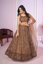Jyoti Fashion Women's Brown Soft Net Sequins Thread Embroidered Lehenga Choli & Dupatta