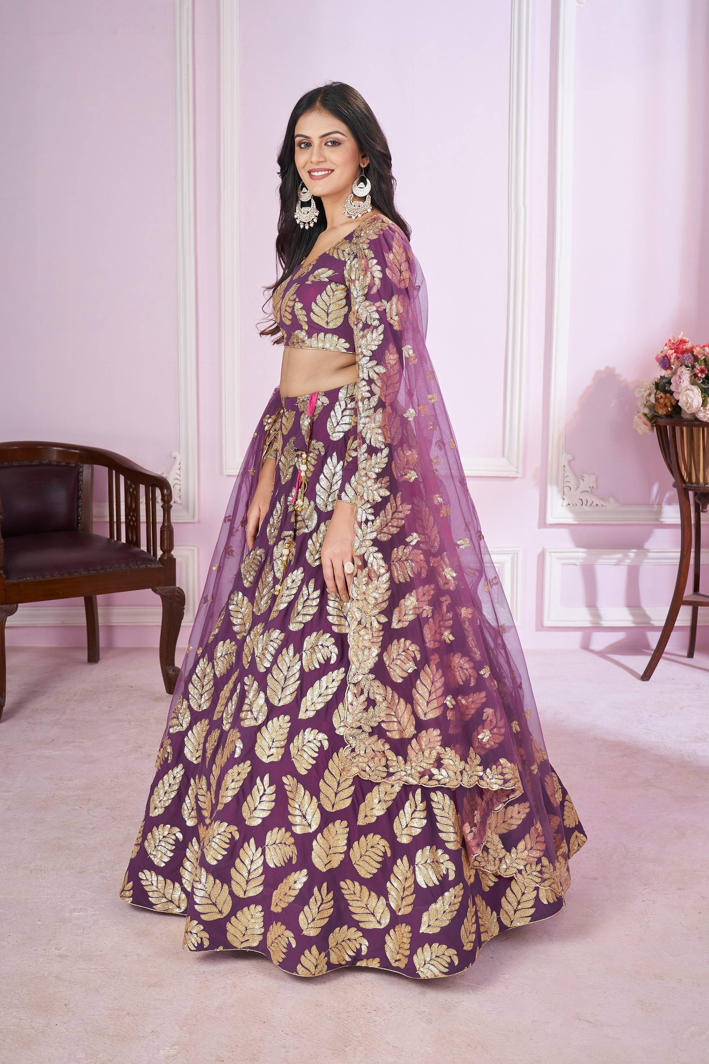 Jyoti Fashion Women's Purple Georgette Sequins Zari Embroidered Lehenga Choli & Dupatta