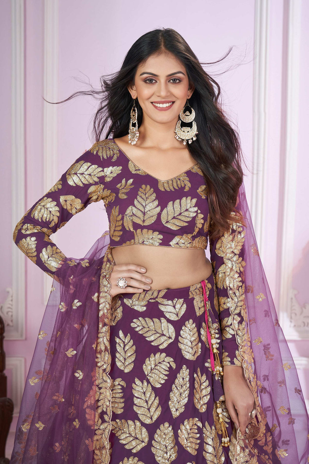 Jyoti Fashion Women's Purple Georgette Sequins Zari Embroidered Lehenga Choli & Dupatta