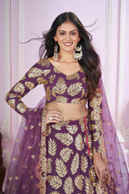 Jyoti Fashion Women's Purple Georgette Sequins Zari Embroidered Lehenga Choli & Dupatta