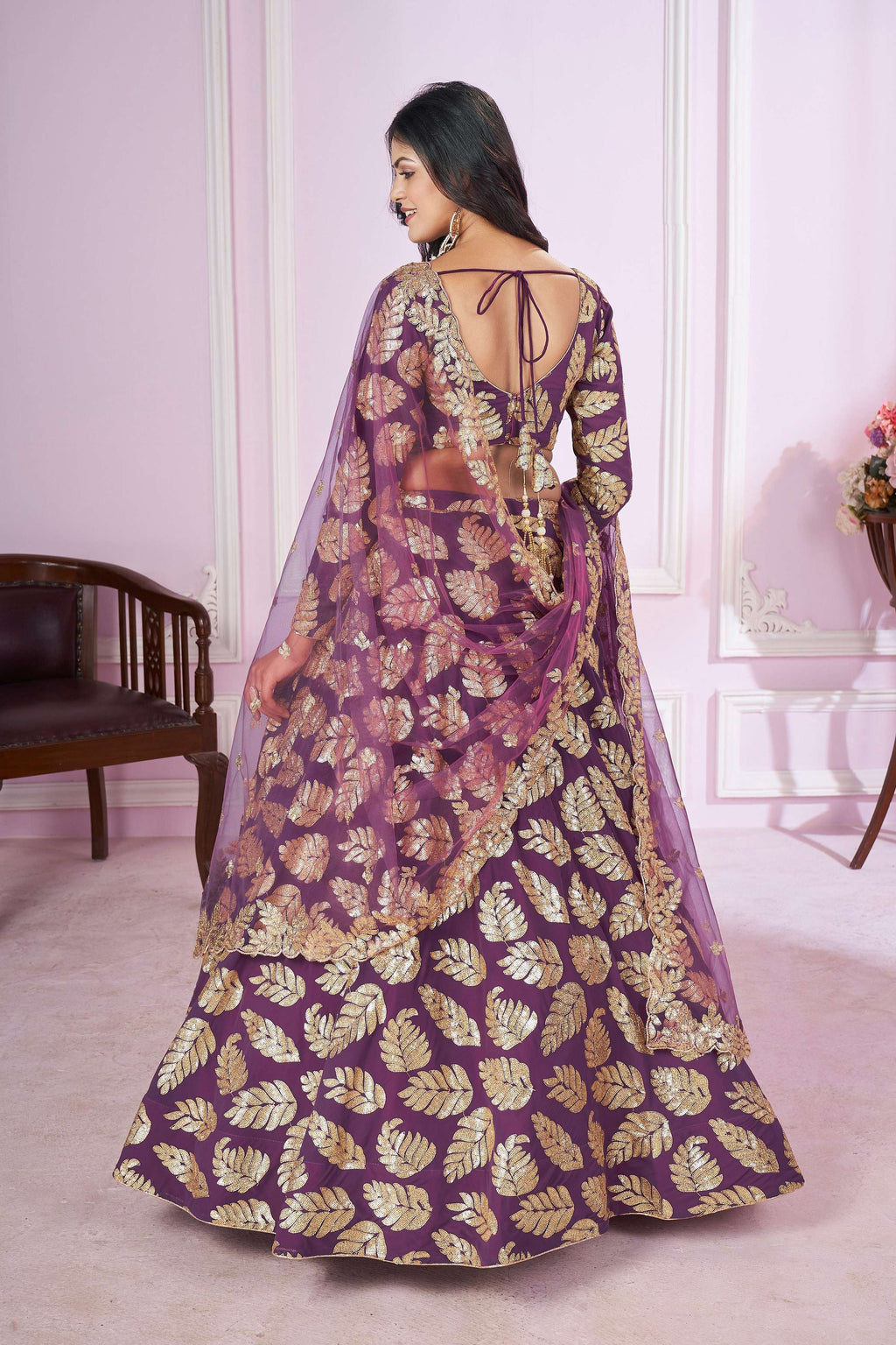 Jyoti Fashion Women's Purple Georgette Sequins Zari Embroidered Lehenga Choli & Dupatta