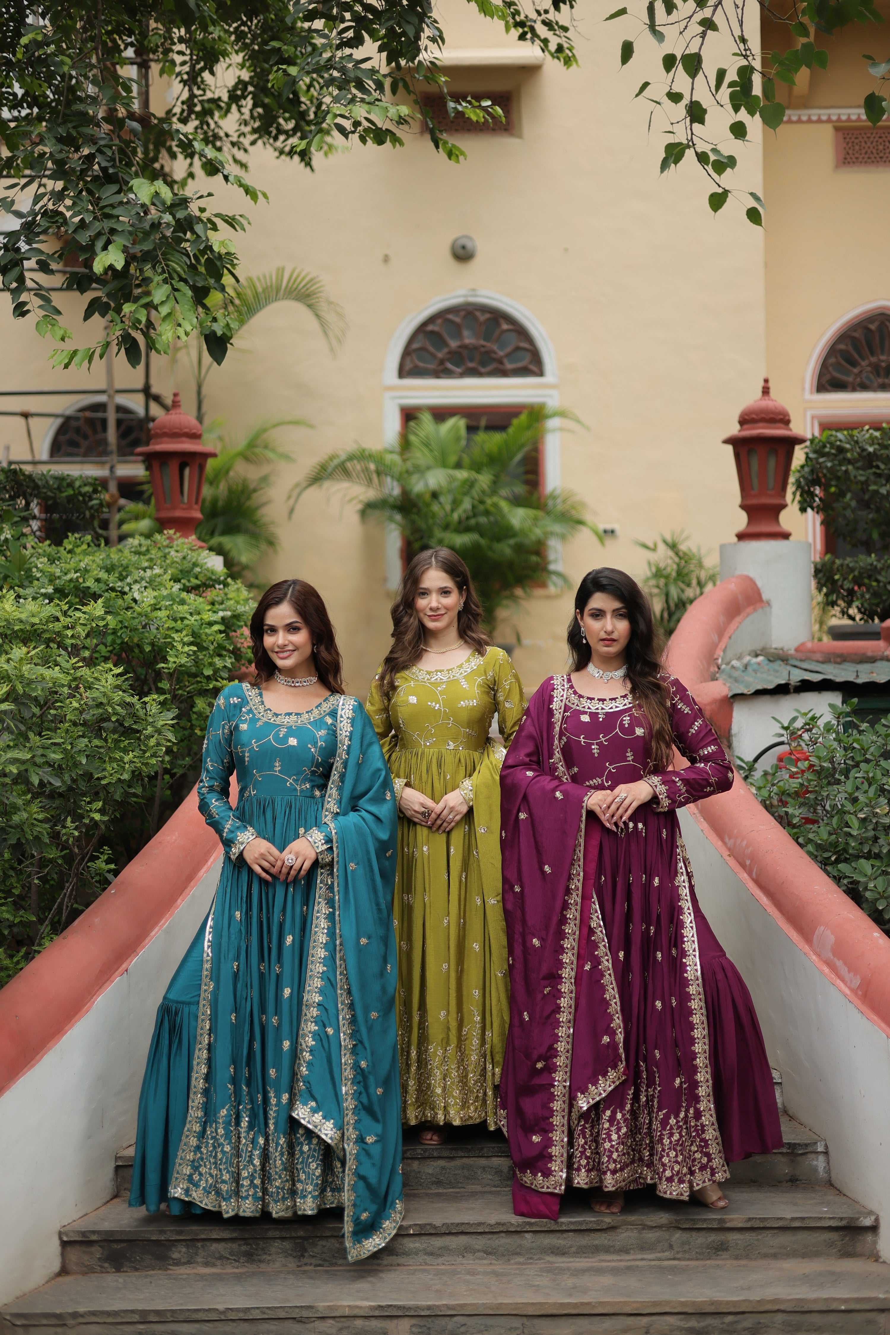 Jyoti Fashion Women's Rama Mehendi & Wine Chinon Rich Sequins Embroidered Combo Kurta Set with Dupatta