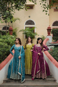 Jyoti Fashion Women's Rama Mehendi & Wine Chinon Rich Sequins Embroidered Combo Kurta Set with Dupatta
