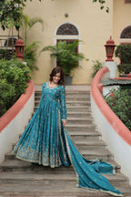 Jyoti Fashion Women's Rama Chinon Rich Sequins Embroidered Kurta Set with Dupatta