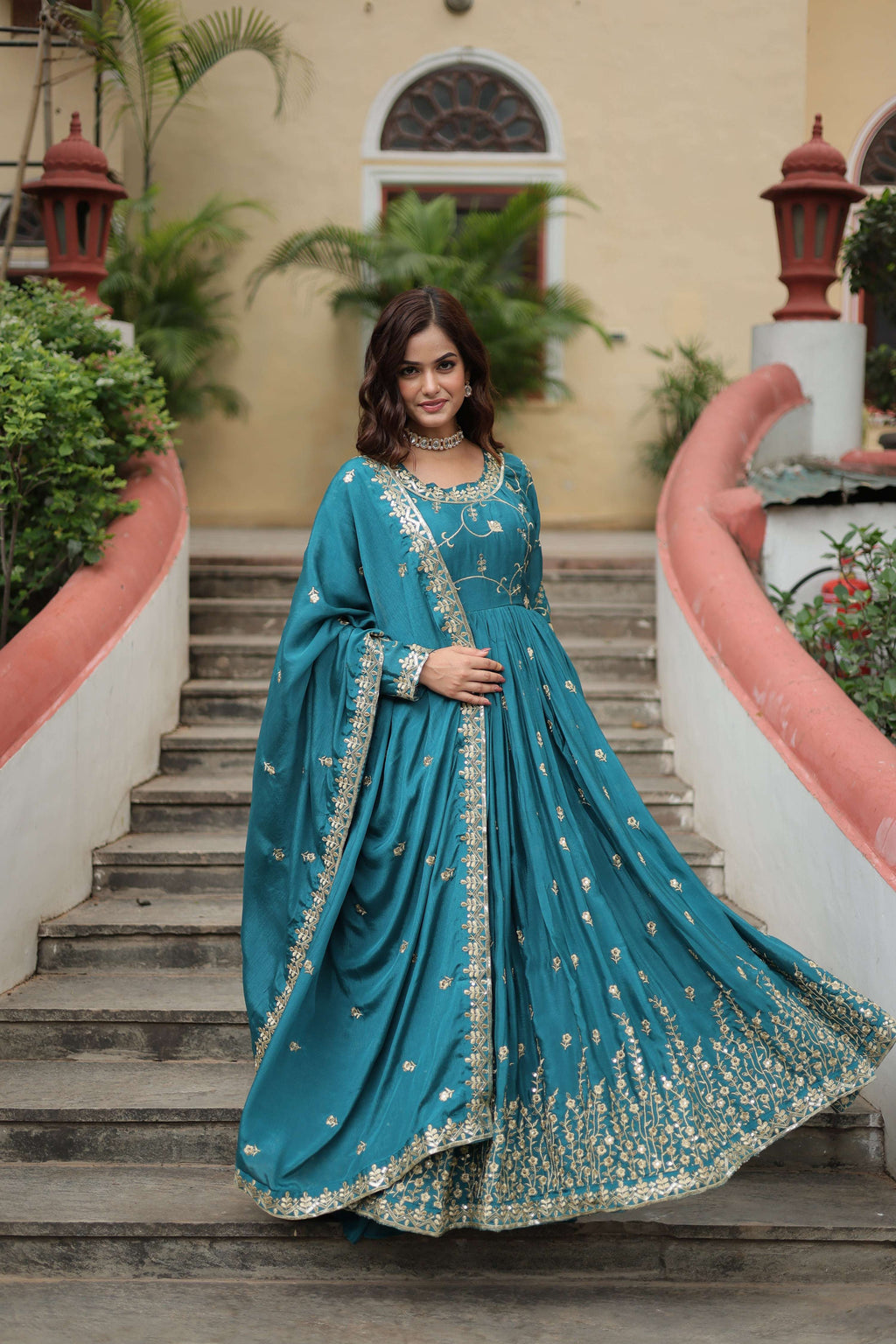 Jyoti Fashion Women's Rama Chinon Rich Sequins Embroidered Kurta Set with Dupatta