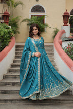 Jyoti Fashion Women's Rama Chinon Rich Sequins Embroidered Kurta Set with Dupatta