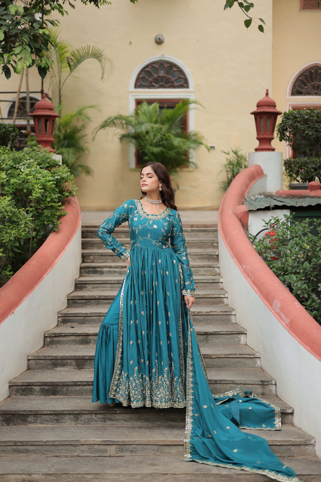 Jyoti Fashion Women's Rama Chinon Rich Sequins Embroidered Kurta Set with Dupatta