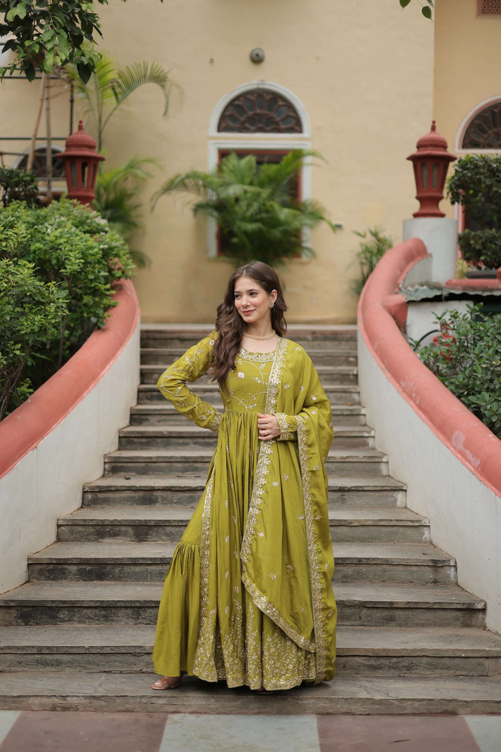 Jyoti Fashion Women's Mehendi Chinon Rich Sequins Embroidered Kurta Set with Dupatta