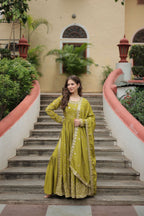 Jyoti Fashion Women's Mehendi Chinon Rich Sequins Embroidered Kurta Set with Dupatta
