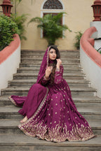 Jyoti Fashion Women's Wine Chinon Rich Sequins Embroidered Kurta Set with Dupatta