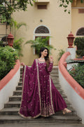 Jyoti Fashion Women's Wine Chinon Rich Sequins Embroidered Kurta Set with Dupatta
