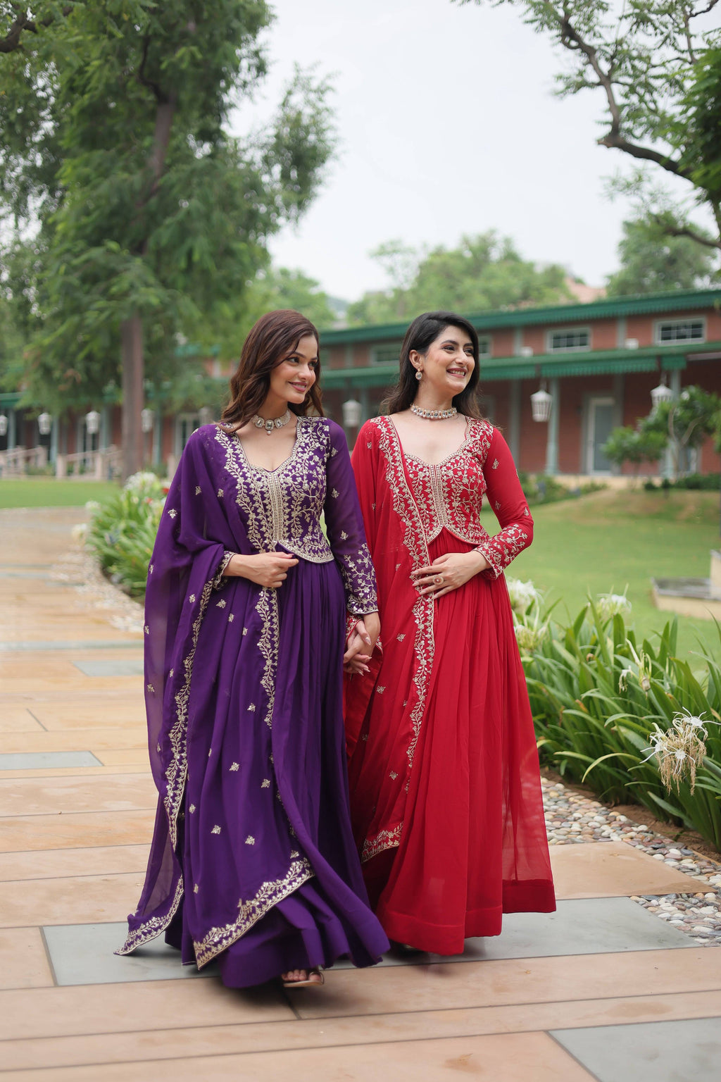 Jyoti Fashion Women's Purple & Red Faux Blooming Sequins Zari Embroidered Long Anarkali Combo Sets