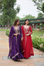Jyoti Fashion Women's Purple & Red Faux Blooming Sequins Zari Embroidered Long Anarkali Combo Sets