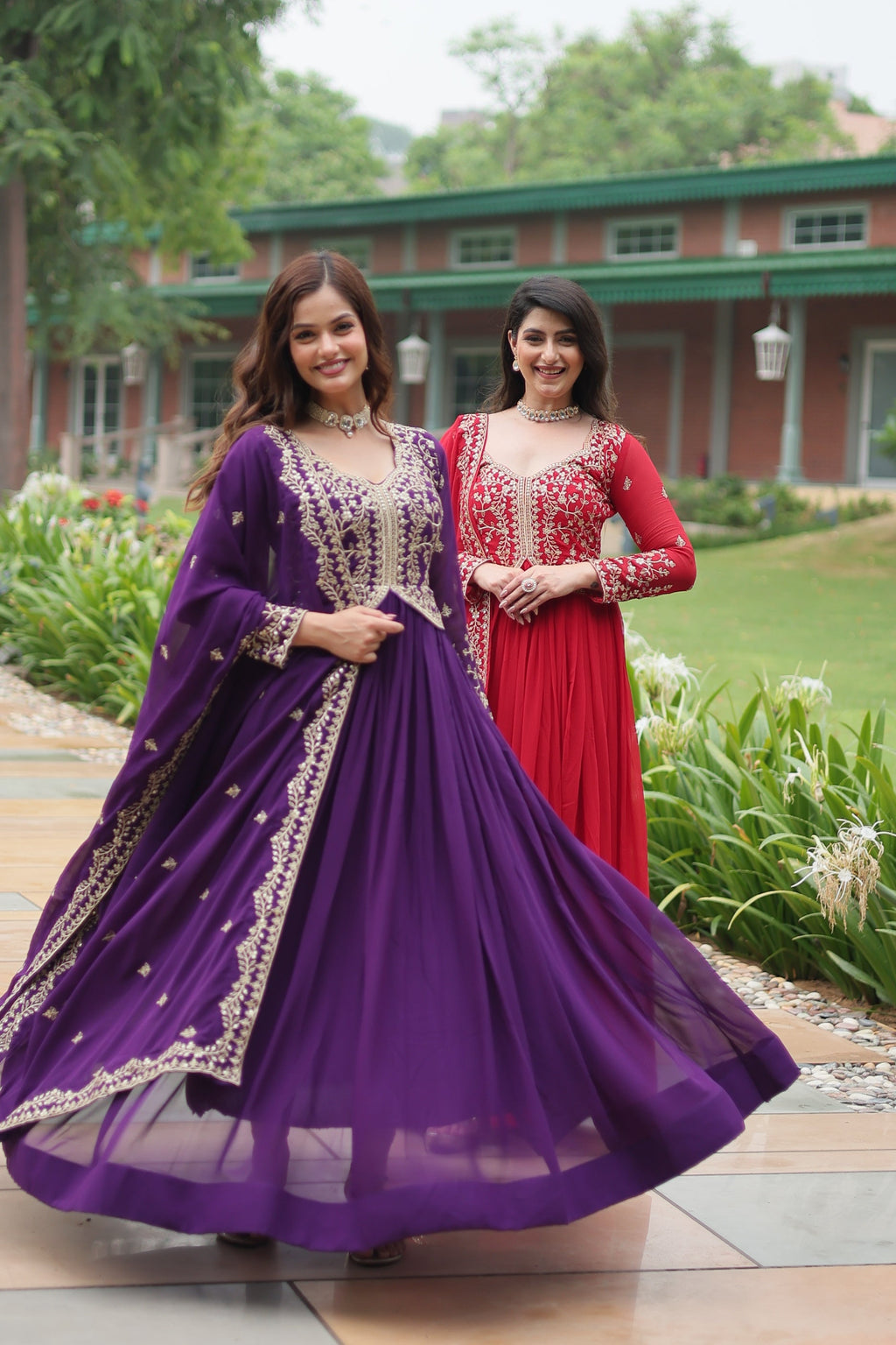 Jyoti Fashion Women's Purple & Red Faux Blooming Sequins Zari Embroidered Long Anarkali Combo Sets