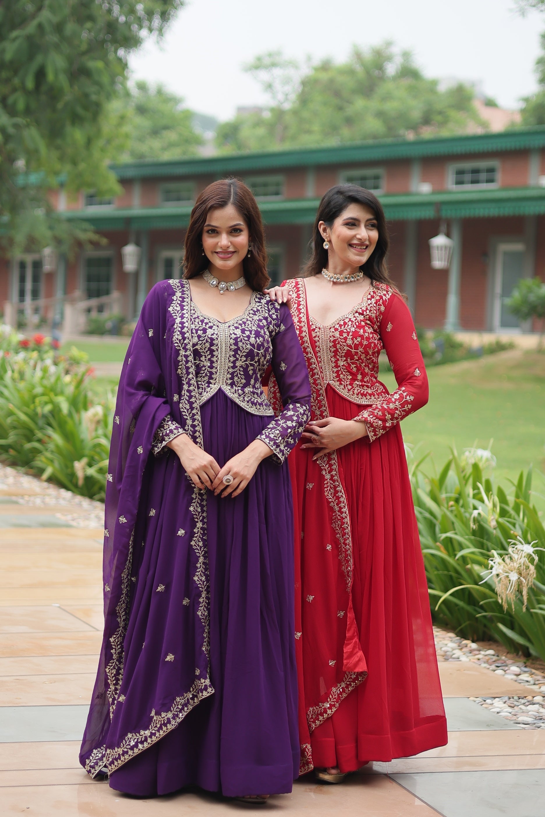 Jyoti Fashion Women's Purple & Red Faux Blooming Sequins Zari Embroidered Long Anarkali Combo Sets