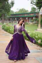 Jyoti Fashion Women's Purple Faux Blooming Sequins Zari Embroidered Long Anarkali Sets